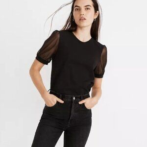 Madewell Black T Shirt with Sheer Puff Sleeves | Size M